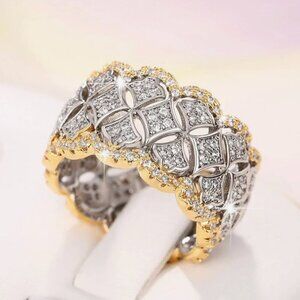 NEW 18k White & Yellow Gold Pave Diamond Ring Band Wide Chunky Two Tone Ring
